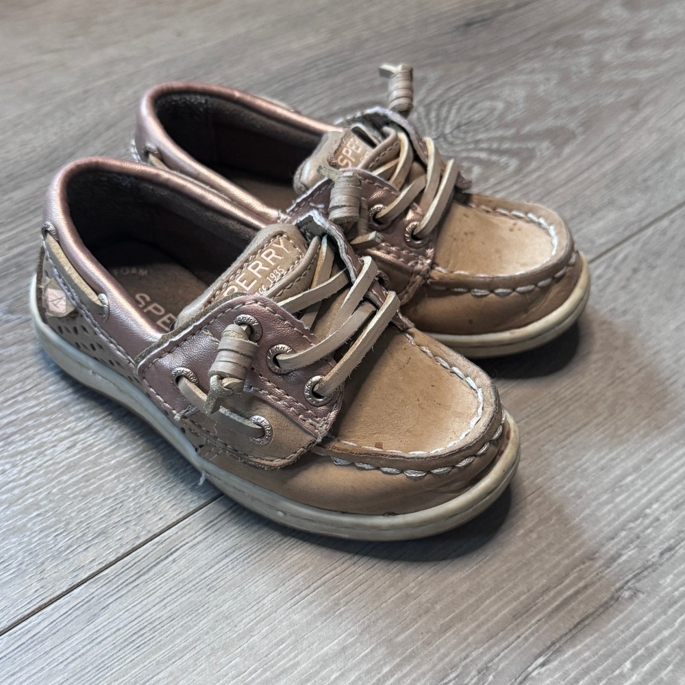 Sperry Songfish‎ Jr Girls Metallic Tan Leather Boat Shoes Toddler Size 7